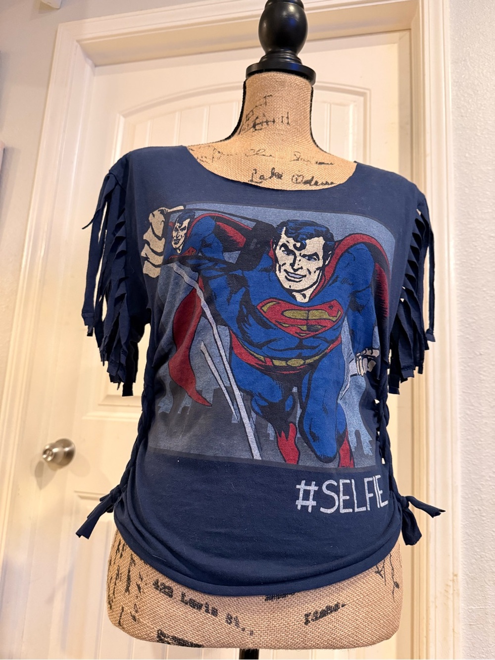 Upcycled Superman Fringe Tee – Size Small